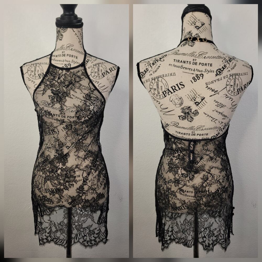 Honey Birdette Halter Chemise SZ 2XS Sheer Mesh Mini Dress Black
